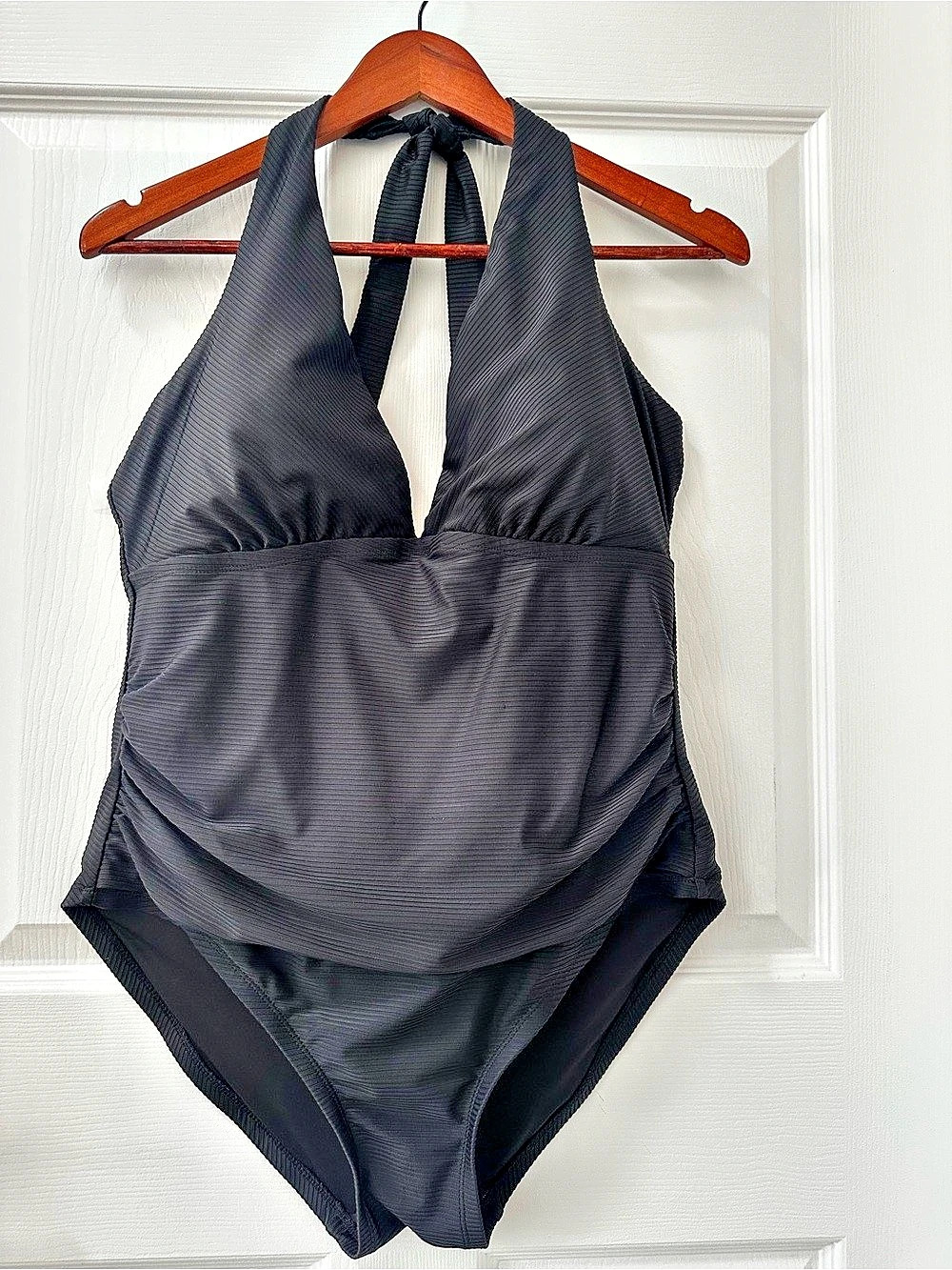 Tommy Hilfiger Black Ribbed Halter Tummy Control One-Piece Swimsuit - Size 16